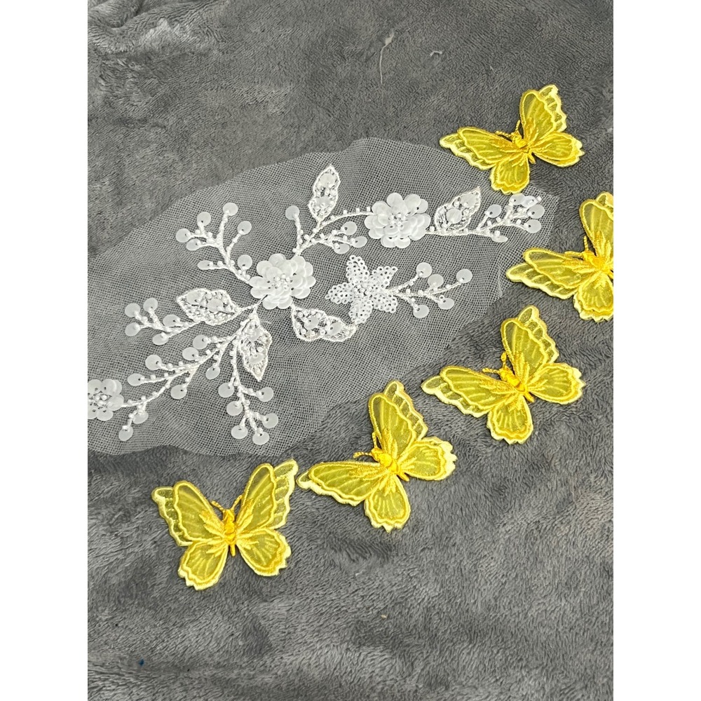 White Sequin Floral Tulle Applique + 6 Yellow Butterfly Patches Bridal Craft